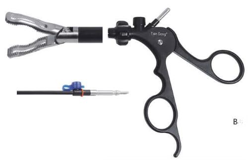 Ухоплюючий затискач, щипці (вставка 360 мм, оболонка, ручка), овальні V-тип фенестрований, оберт 360 град, діам 5 мм, довж 330 мм х 16 мм, монополяр, лапаро